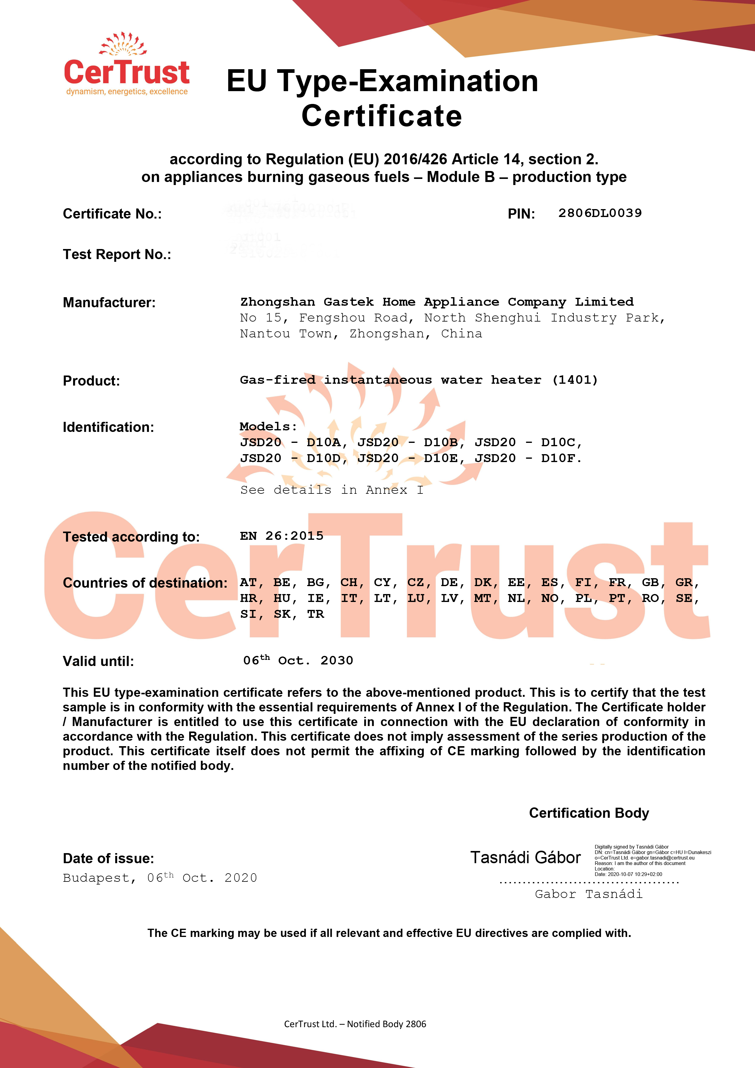 Gastek získal CE certifikát plynového ohrievača vody v októbri tohto roku